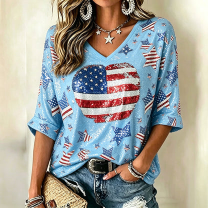 Cardydony Women's Vintage Independence Day Anniversary Heart Art Print T-shirt
