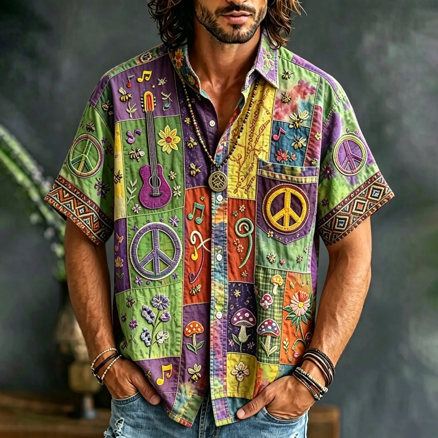 Cardydony Men's Peace Sign And Guitar Hippie Patchwork Print Casual Shirt