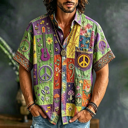Cardydony Men's Peace Sign And Guitar Hippie Patchwork Print Casual Shirt