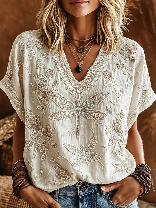 Cardydony Women's Retro Floral Dragonflies Art Embroidery Cotton Linen V Neck T-shirt