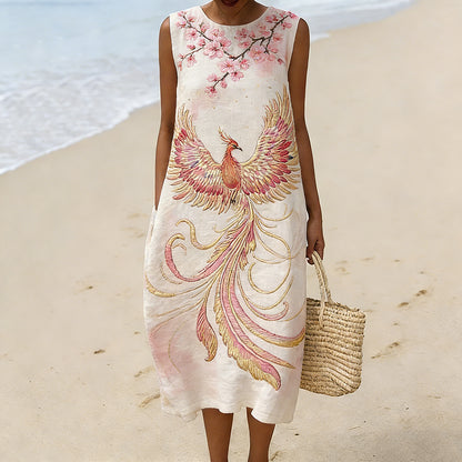 Cardydony Cherry Blossom & Phoenix Art Flowy Linen Tank Dress
