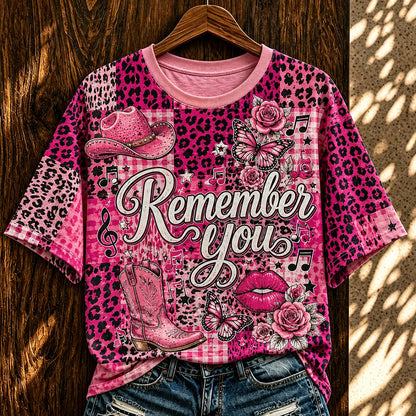 Cardydony Women's Round Neck Short-sleeved Leopard Print Commemorative T-shirt, Decorated With The Words "remember You," A Cowboy Hat, And A Butterfly Pattern.