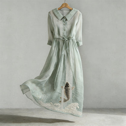 Cardydony Japanese Koi Carp Fish Upstream Flowy Maxi Dress