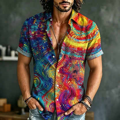 Cardydony Men's Retro Hippie Tie-dye Print Short-sleeve Cotton Linen Shirt