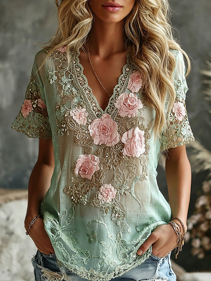 Cardydony Women's Vintage Rose Floral Art Casual Cotton Linen Short-sleeved T-shirt