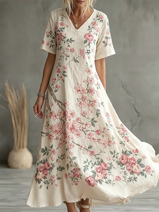 Cardydony Floral Pattern Design Women's Casual Linen Dress