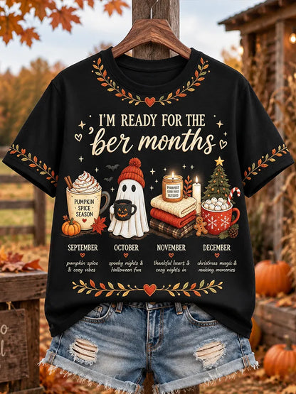 Cardydony Women's "i'm Ready For The 'ber Months" Pumpkin Spice Ghost And Holiday Icons Graphic T-shirt
