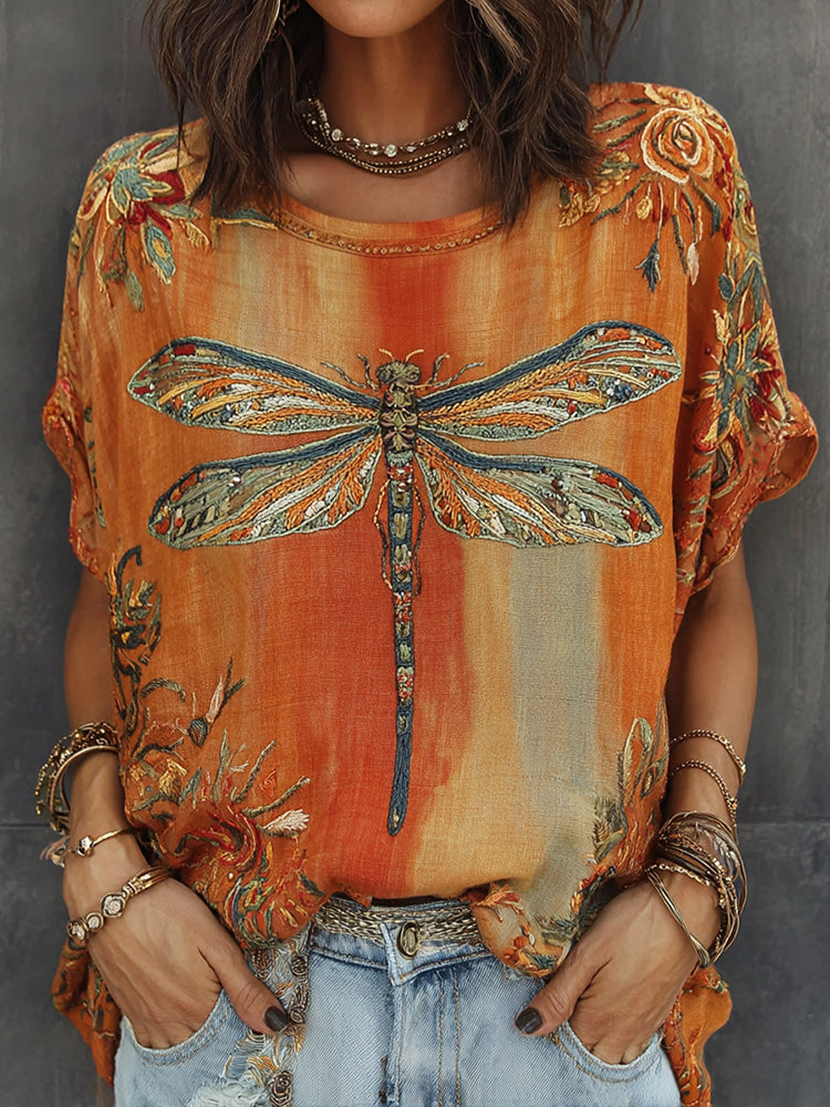 Cardydony Vintage Dragonfly And Floral Pattern Linen Blend Short Sleeve Tops