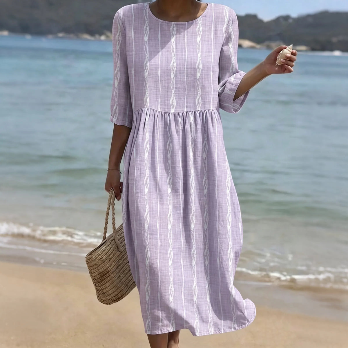 Cardydony Women's Simple Striped Art Print Casual Round Neck Dress