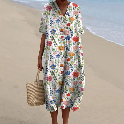 Cardydony Women's Pastoral Floral Art Print Casual Cotton Linen Dress