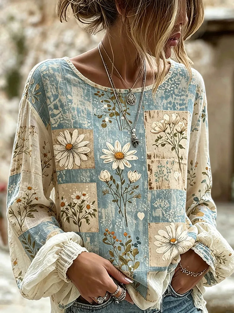 Cardydony Women's Retro Bohemian Style Patchwork Daisy Print Long-sleeved Linen Top