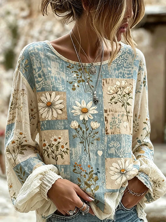 Cardydony Women's Retro Bohemian Style Patchwork Daisy Print Long-sleeved Linen Top