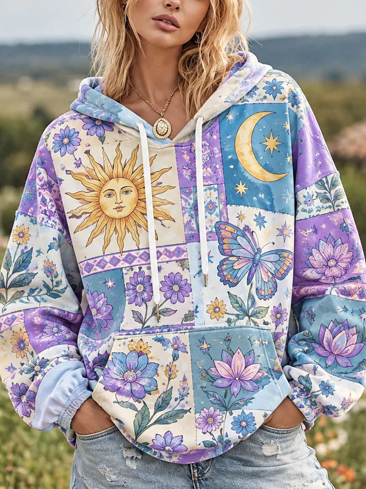 Cardydony Women's Purple Patchwork Sun, Moon, Star, Butterfly & Floral Print Hoodie