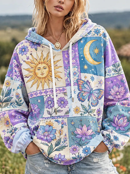 Cardydony Women's Purple Patchwork Sun, Moon, Star, Butterfly & Floral Print Hoodie
