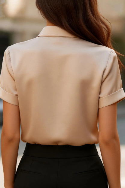 Cardydony Women's  Solid Color Collared Tie Short-sleeved Casual Shirt