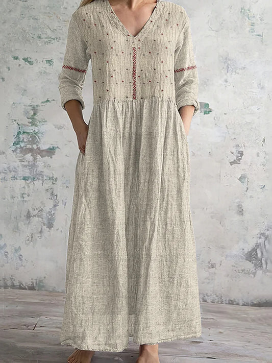 Cardydony Vintage Floral Embroidered Art Women's Linen Dress