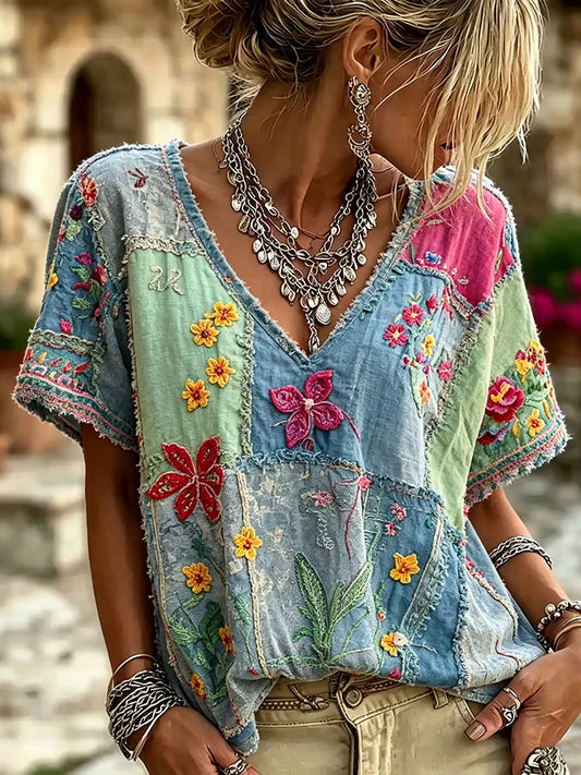 Cardydony Women's Retro Floral Patchwork Art Embroidery Cotton Linen V-neck T-shirt