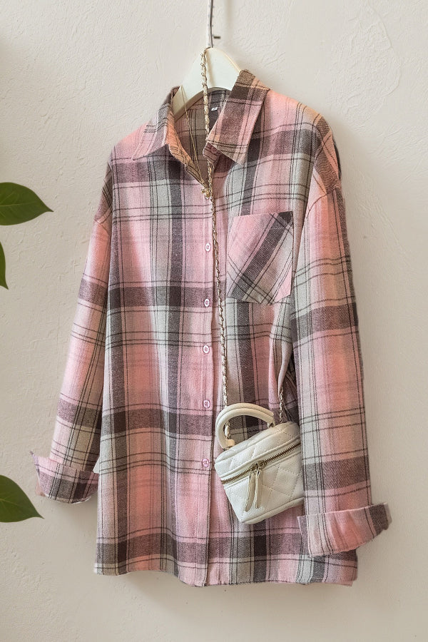 Cardydony Women's Stylish Plaid Collared Long-sleeved Pockets Casual Loose Shirt