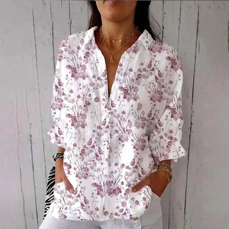 Cardydony Women's Watercolor Small Floral Print Casual Linen Shirt