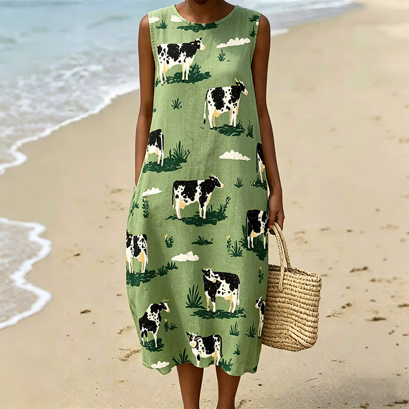 Cardydony Women's Cow Pattern Round Neck Casual Long Dress