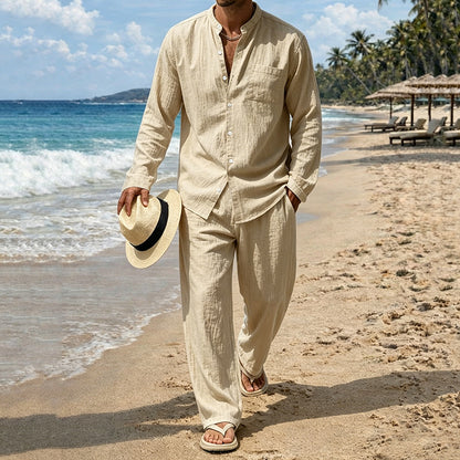 Cardydony Men's Leisure Solid Color Cotton Linen Pocket Shirt And Pants Two Piece Set