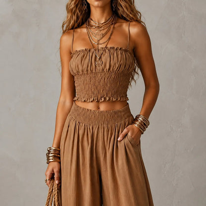 Cardydony Elegance Strapless Cropped Tank Top With Elastic Waistband Lantern Pants Two-piece Set