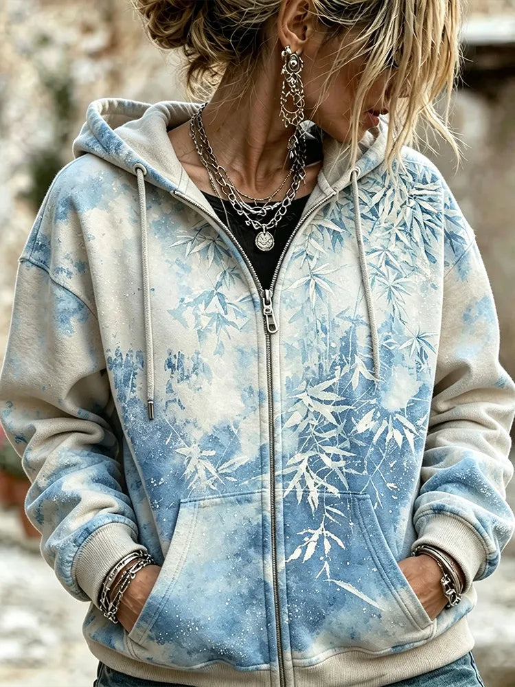 Cardydony Women's Retro Bohemian Tie-dye Blue Bamboo Leaf Print Loose Casual Zip-up Hooded Sweatshirt
