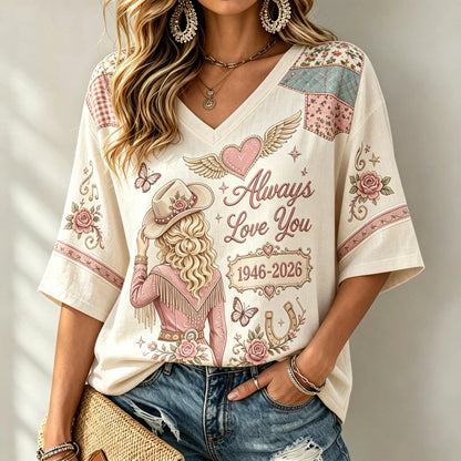 Cardydony Vintage Till We Meet Again Pink Casual Printed Mid-length Sleeves V-neck T-shirt