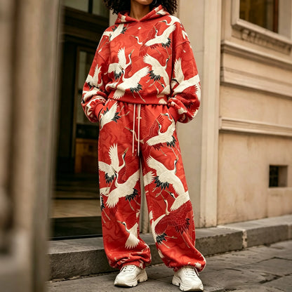 Cardydony Women's Vintage Japanese Crane Art Print Hoodie Two Piece Set