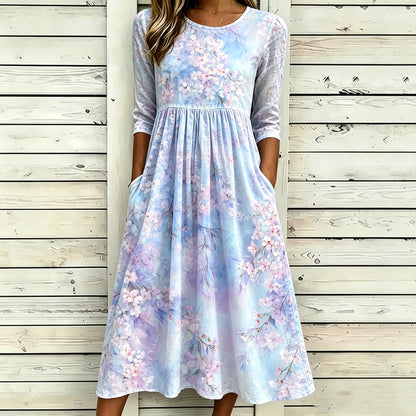 Cardydony Women's Bohemian Three-quarter Sleeve Watercolor Cherry Blossom Midi Dress