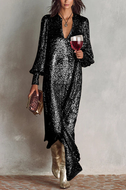 Cardydony Women's Minimalist Sparkling Sequin V-neck Long Balloon Sleeve Slit Party Maxi Dress