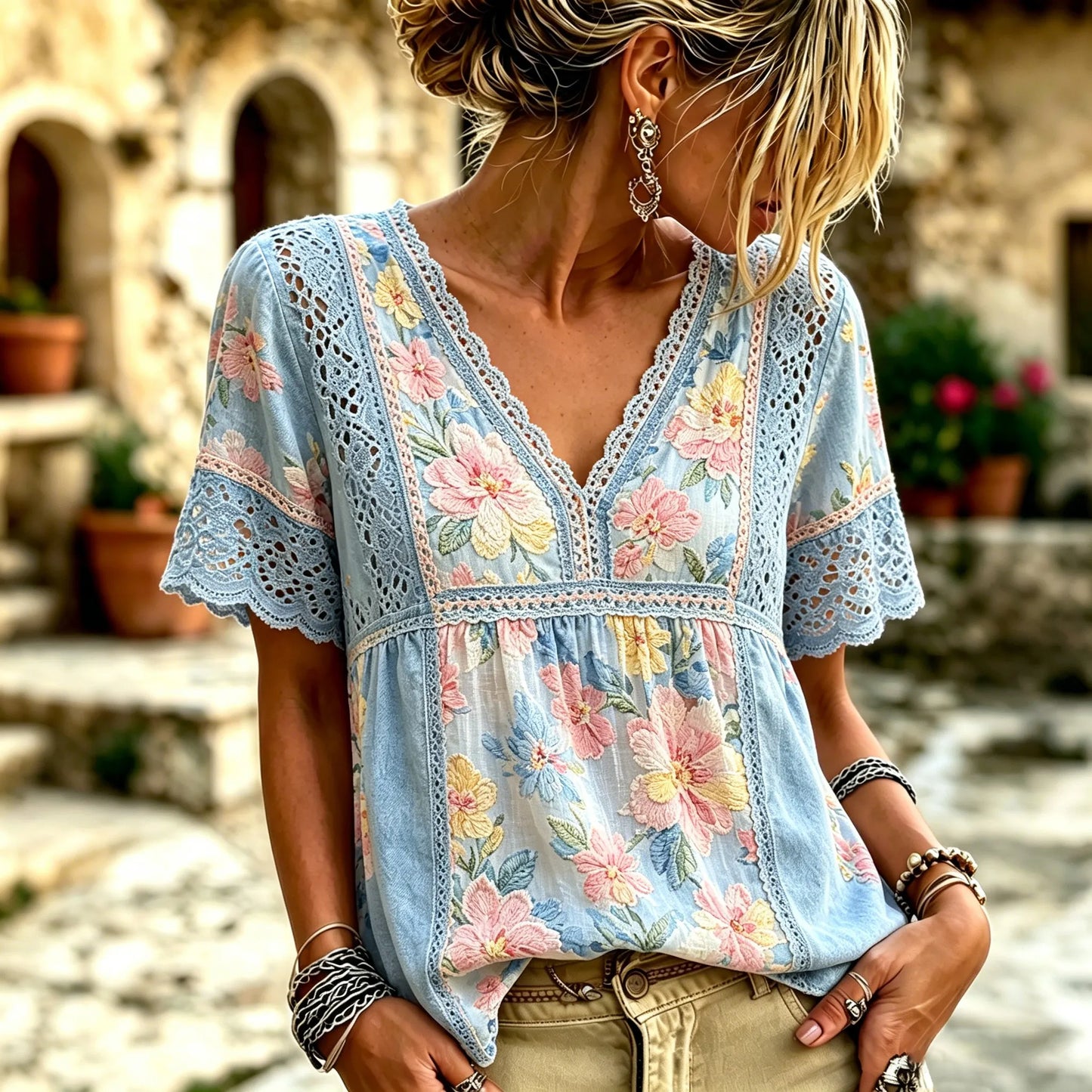 Cardydony Women's Retro Floral Embroidery V-neck Short-sleeve T-shirt