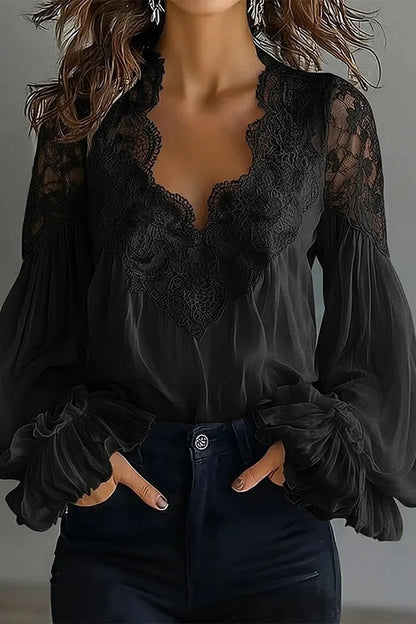 Cardydony Women's Fashionable Patchwork Lace V-neck Puff Sleeve Loose Shirt