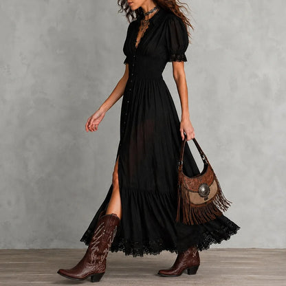 Cardydony Elegant Solid Color Fitted Waist Ruffled V-neck Maxi Dress