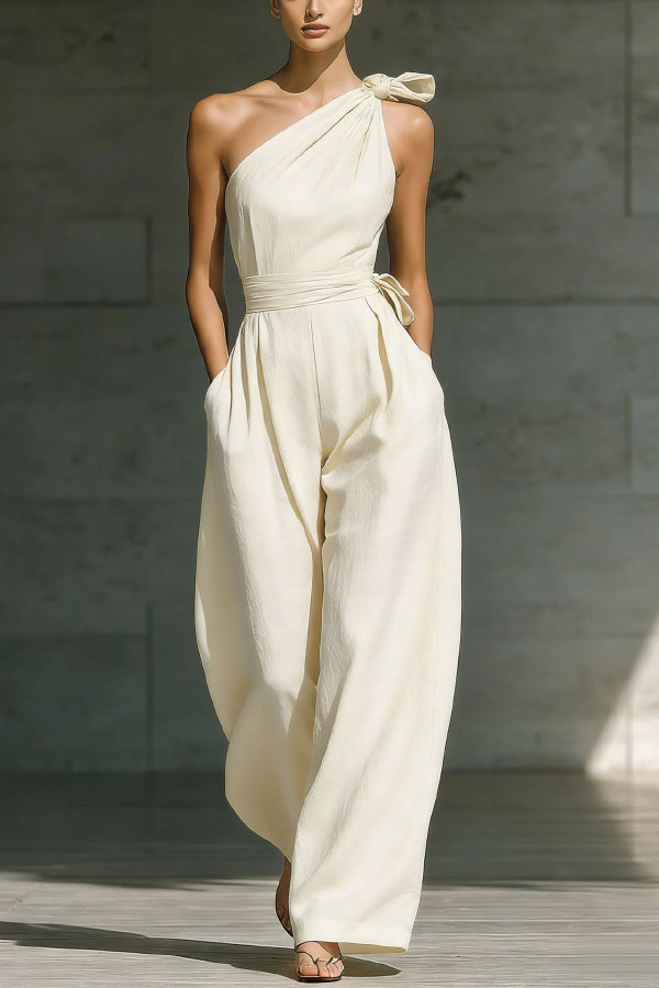 Cardydony Women's Solid Color Sleeveless One-shoulder Fitted Waist Casual Pocket Loose Wide-leg Jumpsuit