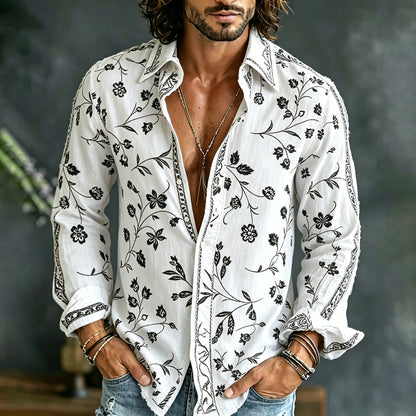 Cardydony Men's Vintage Spring Floral Embroidered Art Print Flowy Linen Blend Casual Shirt