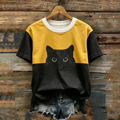 Cardydony Retro Color-blocked Black Cat Pattern Short-sleeved Round Neck Pure Cotton Casual T-shirt