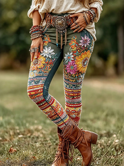 Cardydony Women's Retro Boho Floral Art Pattern Casual Leggings