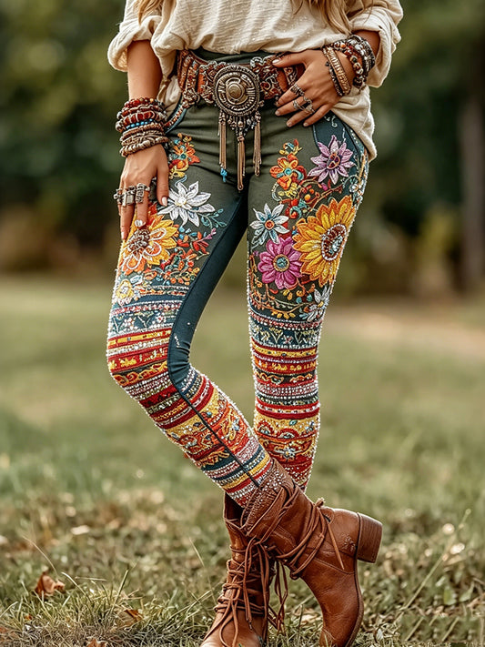 Cardydony Women's Retro Boho Floral Art Pattern Casual Leggings