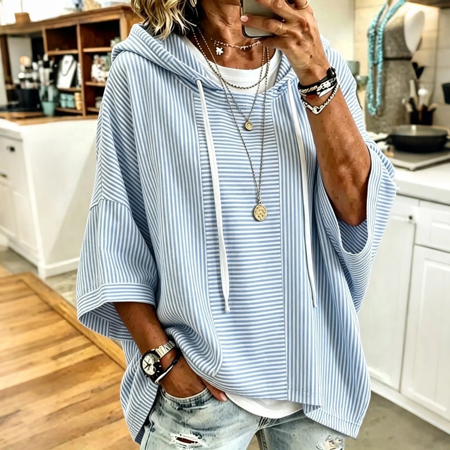Cardydony Women's Retro Simple Striped Art Pattern Casual Half-sleeve Hoodie