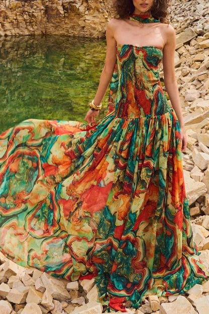 Cardydony Women's Vacay Vibes Colorful Lava Print Off Shoulder Smocked Scarf Maxi Dress