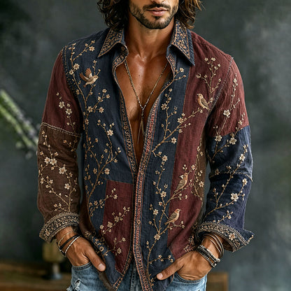 Cardydony Men's Retro Flowers And Birds Patchwork Art Casual Linen Shirt