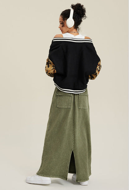 Cardydony Women's Cropped Varsity Jacket | Camo Sleeve Street Style
