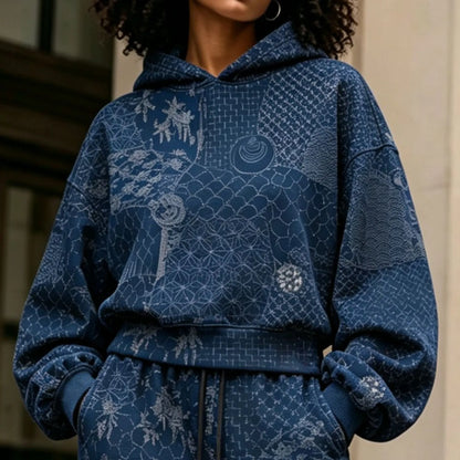 Cardydony Women's Vintage Japanese Art Print Hoodie Two Piece Set