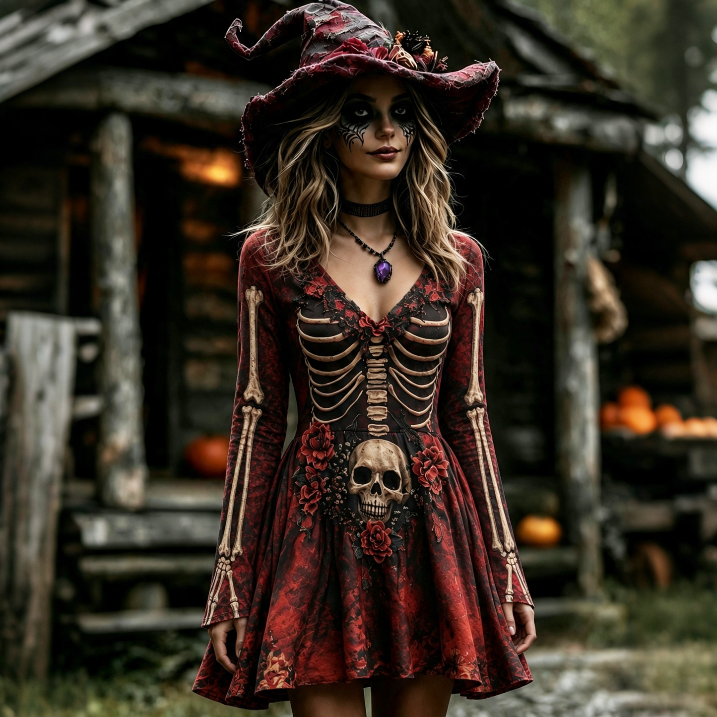 Cardydony Women's Retro Halloween Skull And Floral Pattern Casual V Neck Mini Dress