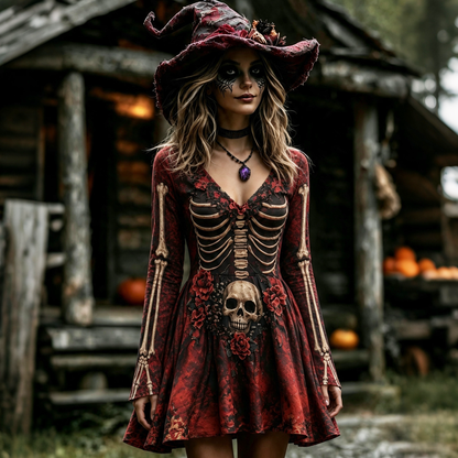 Cardydony Women's Retro Halloween Skull And Floral Pattern Casual V Neck Mini Dress