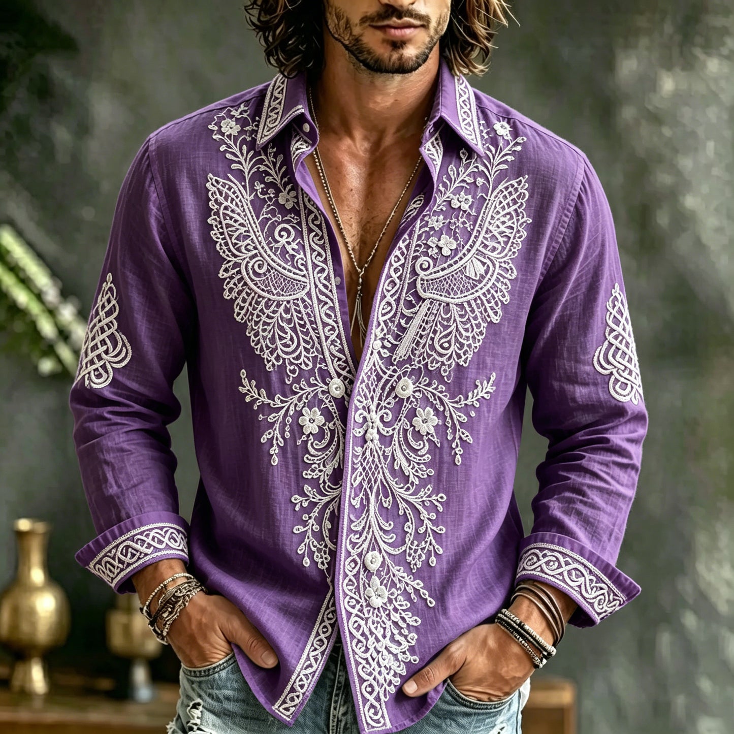 Cardydony Men's Spring Summer Viking Tribal Jacquard Wings And Floral Inspired Art Flowy Linen Blend Shirt