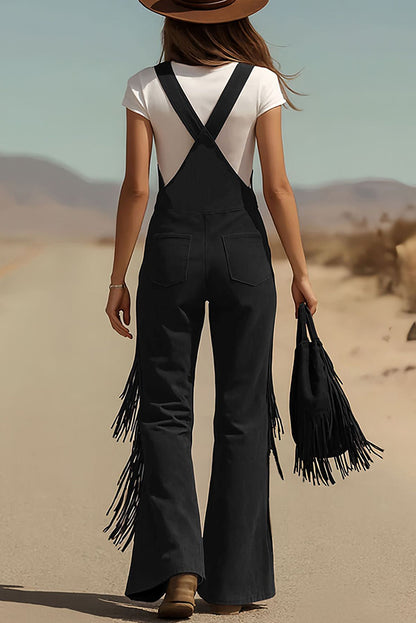 Cardydony Women's Stylish Suede Tassel Button Pocket Casual Wide-leg Overalls