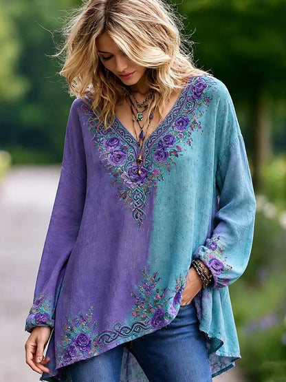 Cardydony Women's Retro Purple Rose And Celtic Knot Pattern Casual Cotton Linen T-shirt