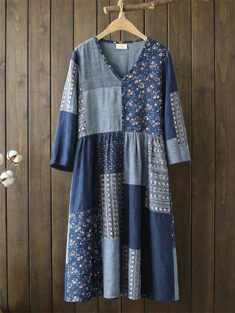 Cardydony Japanese Vintage Geometric Floral Patchwork Women's Linen Maxi Dress